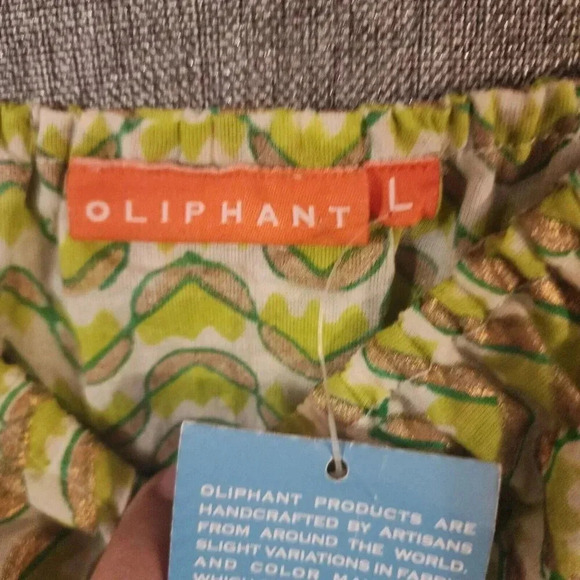 New Oliphant 100% Cotton Blouse Size Large Green Gold Off Shoulder Ruffled - Picture 3 of 7